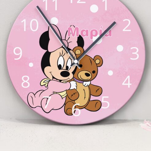 Ξύλινο ρολόι τοίχου Baby Minnie με όνομα