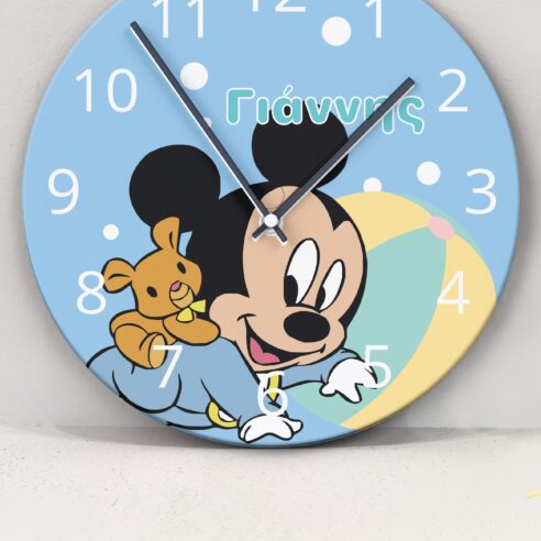 Ξύλινο ρολόι τοίχου Baby Mickey με όνομα