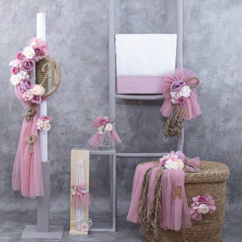 Χειροποίητο Σετ βάπτισης για Κορίτσι Boho Λούλουδια με μονόγραμμα