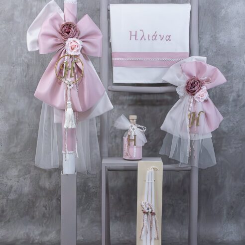 Χειροποίητο Σετ βάπτισης για Κορίτσι Φιόγκος με μονόγραμμα