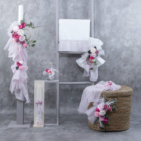 Χειροποίητο Σετ βάπτισης για Κορίτσι Λούλουδια με πούπουλα